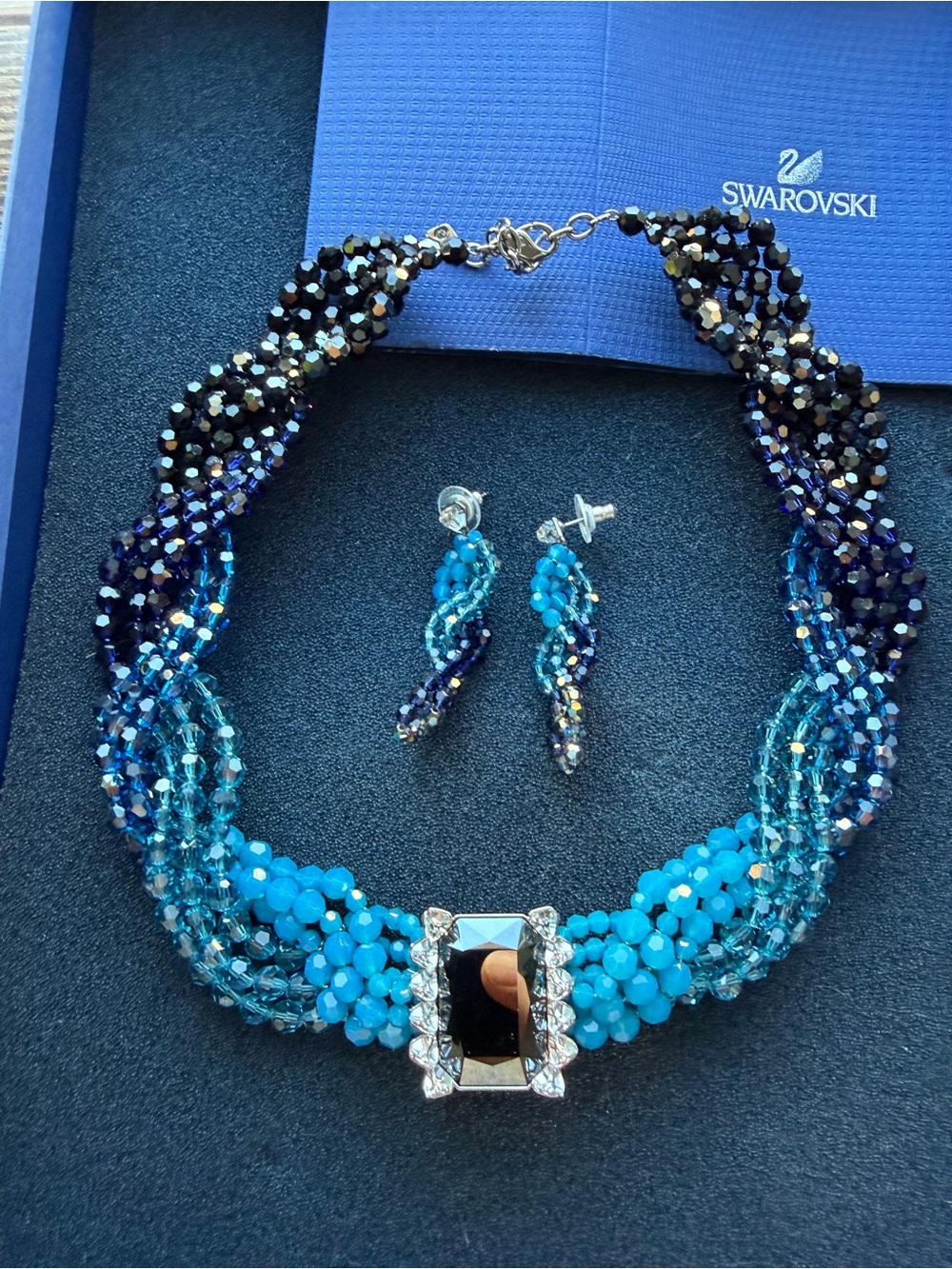 Elegant Swarovski Blue Multi-Strand Crystal Necklace & Earrings Set